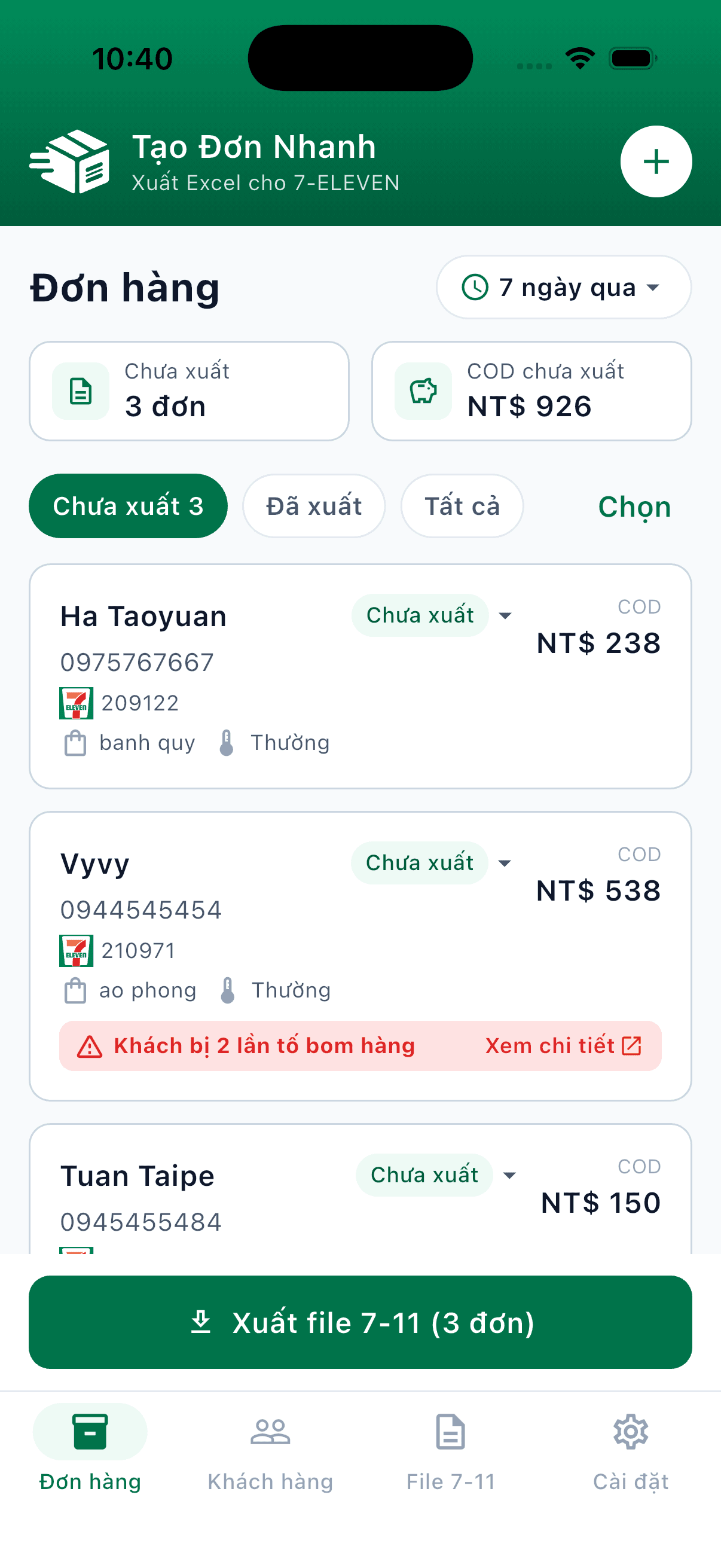 Danh sách đơn hàng trong Tạo Đơn Nhanh với nút xuất file 7-11